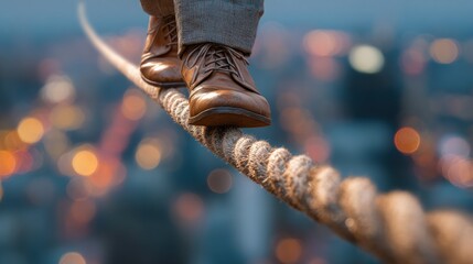 Balance in business, concept, man in brown shoes walking on a tightrope high above a city filled with glowing lights at dusk