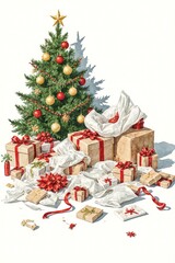 Festive scene of a decorated Christmas tree surrounded by colorful wrapped presents and discarded gift wrap
