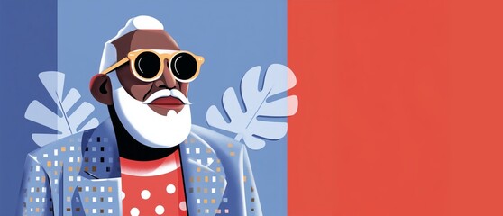 Stylish senior man with white beard and sunglasses in patterned blue jacket - bold modern portrait, confident attitude, diversity and individuality concept
