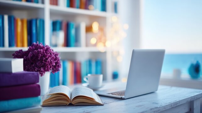 Cozy study space by the window with laptop, flowers, and books
