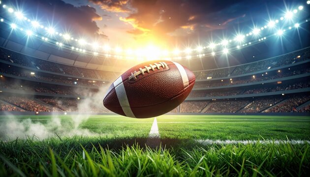 American football flying over the field in a crowded stadium at sunset - Powered by Adobe