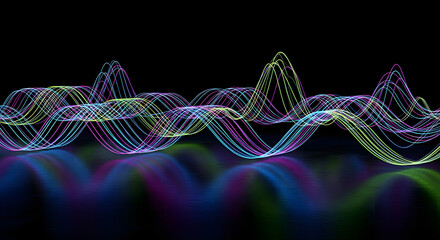 Abstract wave pattern with multiple colorful lines on a dark background and a reflective surface