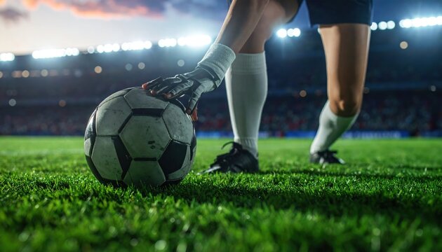 Soccer player placing the ball on the grass to take a kick in a stadium