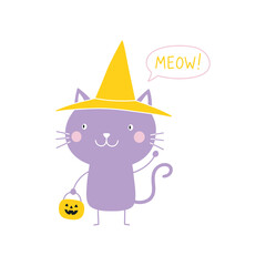Cute Halloween witch cat saying “Meow!” with pumpkin candy pail