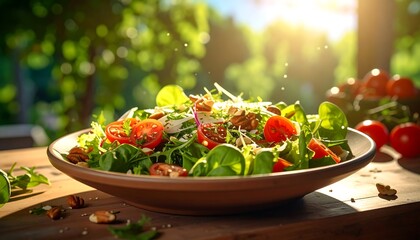 Fresh salad of various ingredients on a wooden table, with sun
