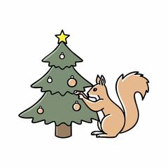 doodle icon vector A squirrel is decorating a Christmas tree