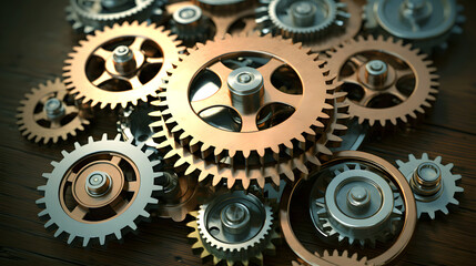 Intricate arrangement of metallic gears on wooden surface showcasing mechanical design and engineering craftsmanship