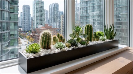 A lively mix of cacti and succulents in a sleek planter overlooks a bustling skyline of skyscrapers