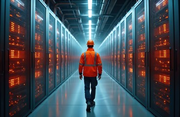 Fototapeta premium Tech engineer in safety gear walks through large modern data center corridor. Rows of bright glowing server racks manage vast digital info. Facility handles cloud storage, network systems,
