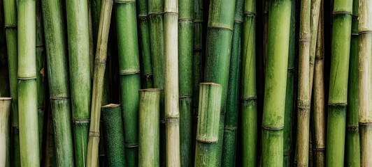Fototapeta premium The Bamboo Stalks Closeup Showing Green Vertical Texture and Natural Rustic Pattern