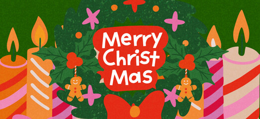 Merry Christmas and Happy New Year greeting card or banner. Modern beautiful Xmas design with typography, Christmas tree branches, balls and toys. Art poster, cover, decor templates