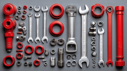 A selection of tools arranged neatly on a gray background, highlighting various shapes, colors, and sizes