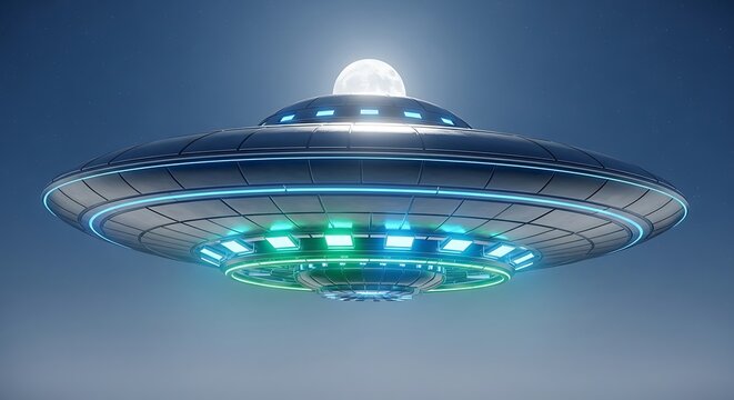 Unidentified flying object hovering in the night sky with moon alien spaceship with glowing lights futuristic technology and science fiction concept