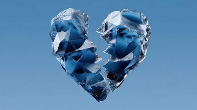 An artistic representation of a broken heart carved from ice, reflecting light under a bright blue sky