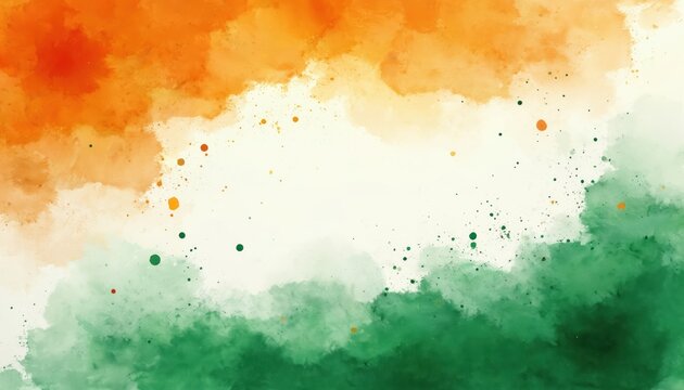Watercolor illustration features Indian flag tricolor. Artistic background design includes splashes of orange white and green colors. Celebratory art perfect for national holiday events.