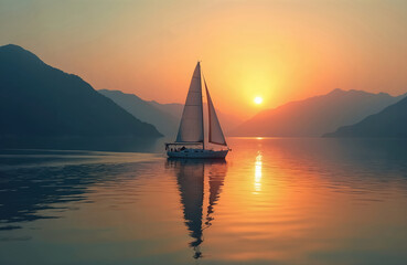 Sailboat cruises across lake during sunset. Silhouette of boat reflects in water with mountains in background. Golden hour sunlight illuminates the scene. Peaceful water landscape scenery.