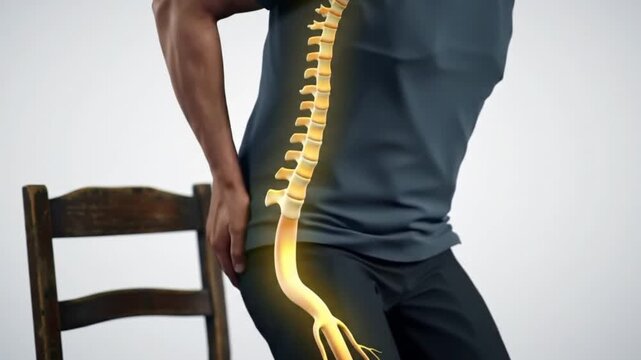 Man with sciatica feeling sharp nerve pain, visualized with a glowing overlay