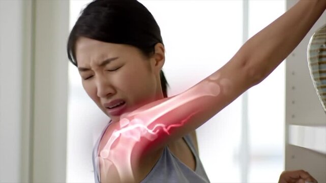 Person feeling sharp shoulder pain from a pinched nerve, shown with 3D overlay.