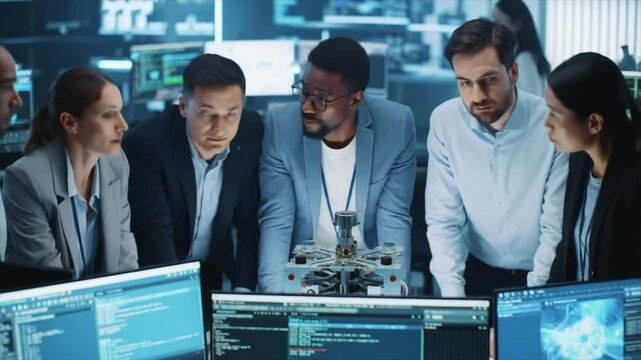 A group of professionals from various backgrounds work together in a sleek, tech-focused office. They discuss ideas and analyze data presented on screens