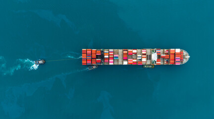 Top view Container ship full capacity approaching port International Container ship loading, unloading at sea port, Freight Transportation, Shipping,Logistics, import export, Transportation. Global
