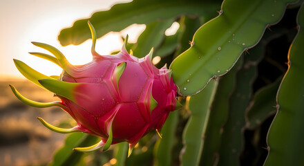 Vibrant dragon fruit blooming on a tropical plant with golden sunlight and green leaves