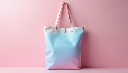 Pastel ombre tote bag rests on pink surface. Soft bag features gradient from light blue to pale pink. Leather handles add touch of elegance. This image represents modern fashion, stylish accessories.