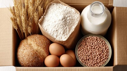 A collection of essential baking ingredients is organized in a cardboard box, ready for use in delicious recipes