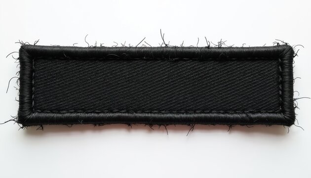 Plain black rectangular textile patch frayed edges, stitched border on white background. Blank emblem for uniform customization, branding, fashion accessory design. Represents military insignia