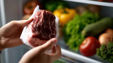 Hands examine fresh meat while surrounded by colorful vegetables in the refrigerator, showcasing the joy of meal preparation