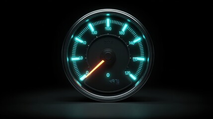 A speedometer shows a reading of 49.7 marked with bright blue lights against a black background