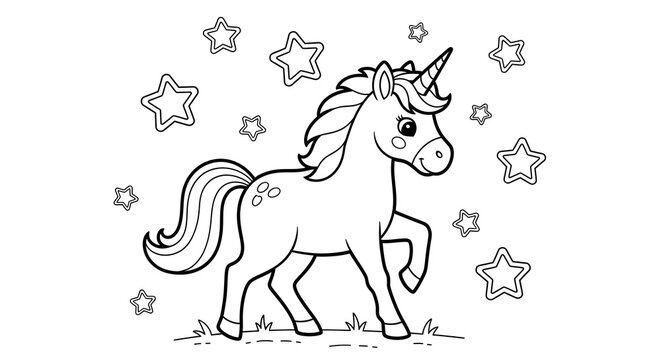 Cute unicorn prancing among stars in a simple black and white line drawing