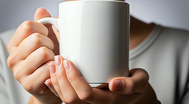 White mug video mockup &ndash; woman holding a white mug with both hands