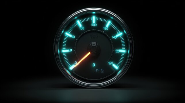 A speedometer shows a reading of 49.7 marked with bright blue lights against a black background