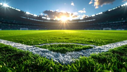 Corner of a soccer field in an empty professional stadium at sunset