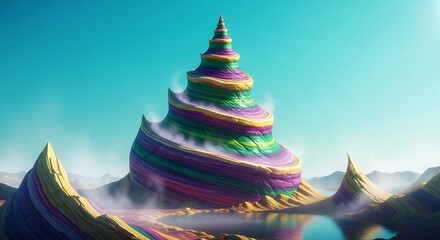 A whimsical landscape featuring a towering, spiraling mountain of vibrant colors, reminiscent of a fantastical candy creation, set against a clear blue sky