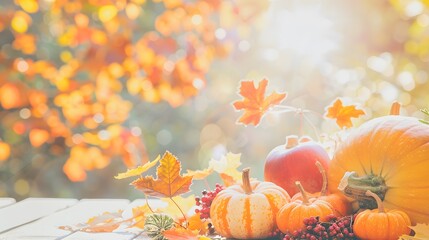 Autumn atmosphere, pumpkins and chrysanthemums