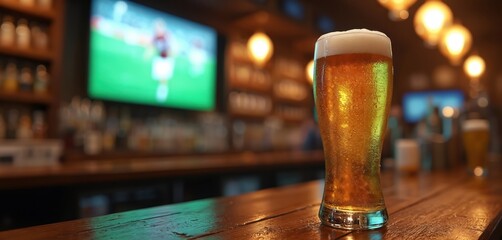 Glass of cold beer sits on a wooden bar counter. Sports game plays on television screen in blurry background. Amber ale with frothy head, condensation. Pub atmosphere, night time.