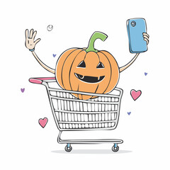 doodle icon vector Funny Halloween pumpkin, takes a selfie in the supermarket