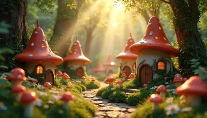 Stickers Meisjeskamer Scenic fairy village mushroom houses in summer forest. Orange sunlight beams through leaves and trees. Magical garden with path and flowers. Fairytale rustic cozy houses glow with warmth.  © miss irine