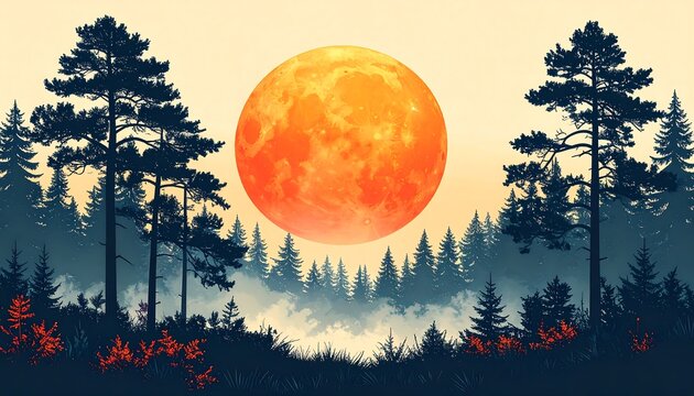 A digital illustration showcases a vibrant orange full moon rising above a misty forest of evergreen trees, creating a serene landscape