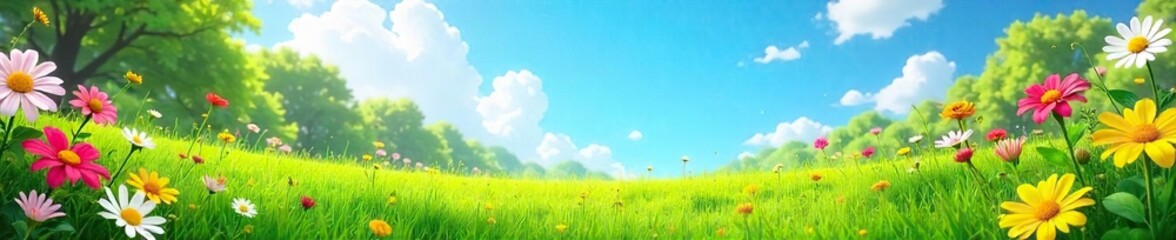 Lush Green Lawn, Blooming Flowers, and Blue Sky A Vibrant Summer Scene Perfect for Travel, Nature, and Summer-Themed Projects