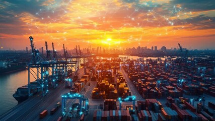 Aerial view of a busy shipping port at sunset with cranes, containers, and ships, overlaid with a digital network graphic 4k video - Powered by Adobe