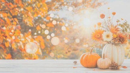 Autumn atmosphere, pumpkins and chrysanthemums