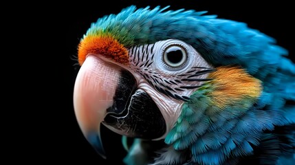 Fototapeta premium Close up portrait of blue and gold macaw parrot head against black background showing detailed feathers, beak texture and eye in dramatic lighting.