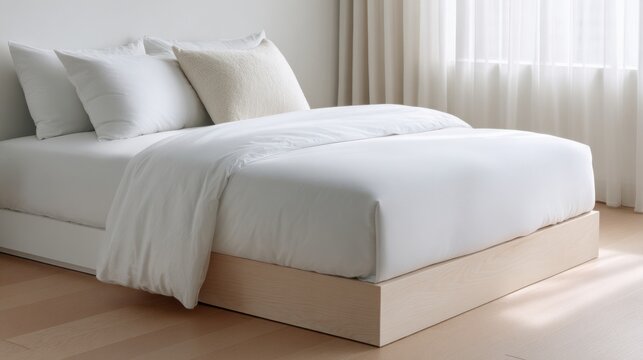 A white bed with a white comforter and pillows