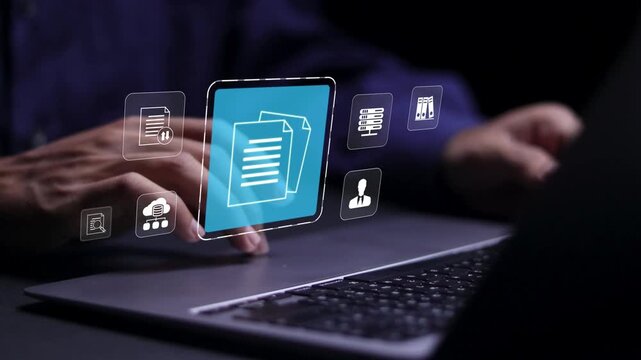 ERP, online documentation database, digital file storage system. Document management system used to store, search and manage review process and users for corporate files and information in enterprise.