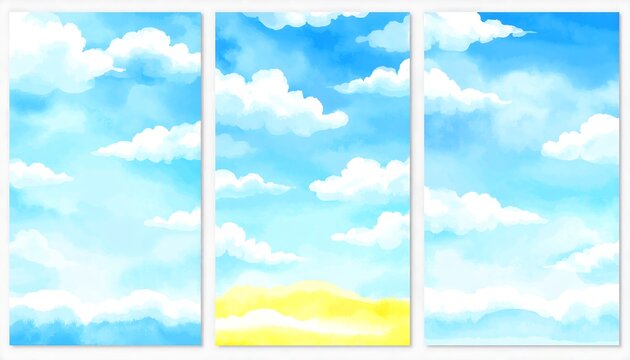 A trio of watercolor-style vertical images depicts a bright blue sky dotted with fluffy white clouds and, in one, a yellow beach