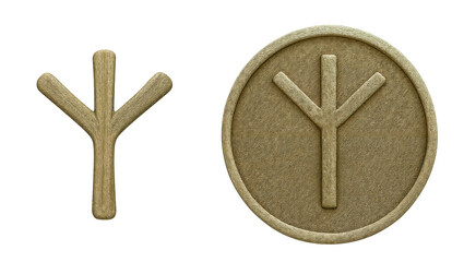 Germanic Futhark "Algiz" textured symbol, standalone and engraved on a coin, isolated on transparent background
