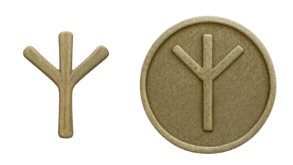 Germanic Futhark "Algiz" textured symbol, standalone and engraved on a coin, isolated on transparent background