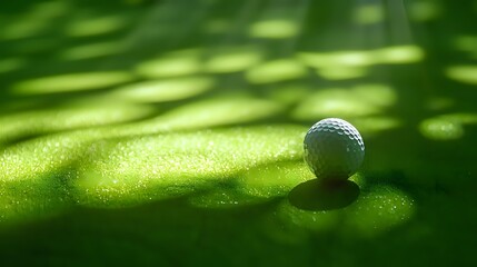 White golf ball on green grass course with natural dappled sunlight and shadows creating dramatic lighting effect. Suitable for sports and leisure marketing.